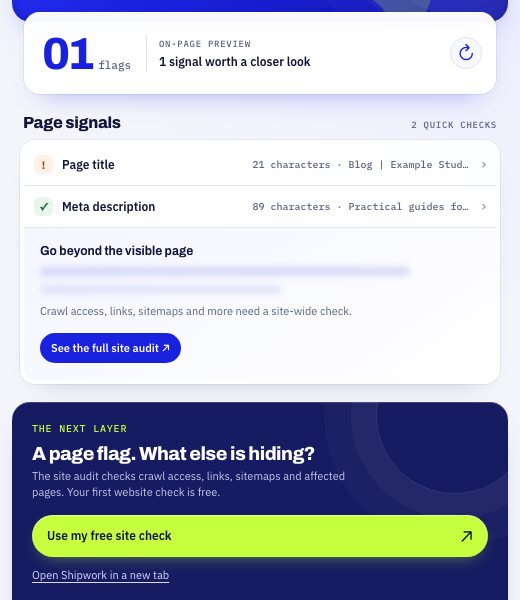 The next layer: a prompt to use the free site check for crawl access, links and sitemaps